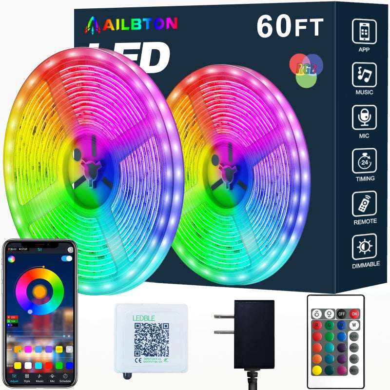 AILBTON Led Strip Lights,60ft Music Sync Color Changing, Built-in Mic,Bluetooth App Control LED Tape Lights with Remote,5050 RGB Rope Light Strips - Image 1